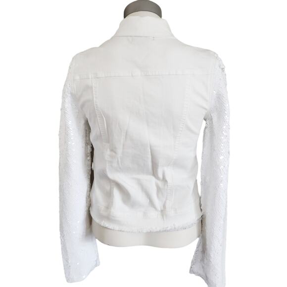 GENERATION LOVE Rosie sequined sleeve white raw hem denim jeans jacket Sz XS NEW - Picture 3 of 9